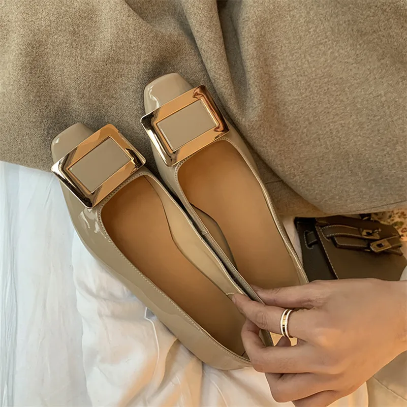 Meotina Natural Genuine Leather Flats Shoes Women Square Toe Casual Footwear Metal Decoration Shallow Shoes Ladies Spring 2021