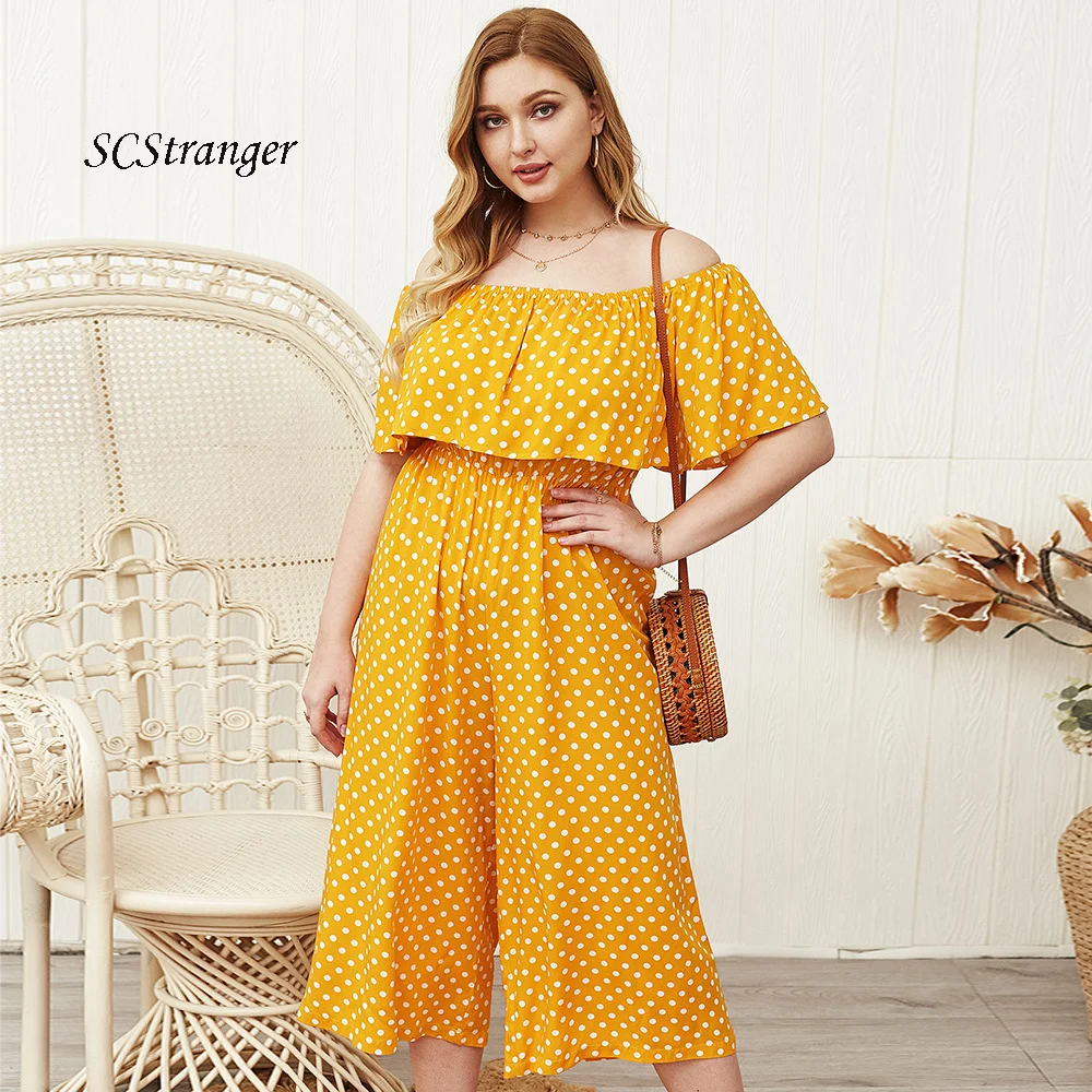 

SCStranger Summer Jumpsuit Women Cotton Fashion Yellow Polka Dot Print Bodysuit One Shoulder Top Wide Bucket Cropped Trousers