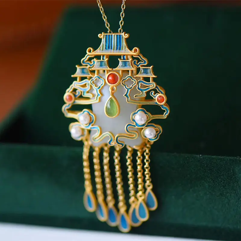 

Classic Retro Natural and Tian Baiyu Nantianmen Pendant Sweater Chain S925 Through Body Silver Roasted Blue Ancient Gold Craft
