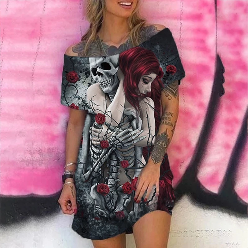 

Skull Print Dresses for Women Gothic Short Sleeve Summer Dress 2021 Off Shoulder Loose Y2k Tank Dress Plus Size