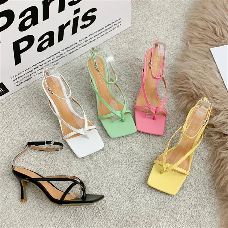 

Ankle Buckle Strap Women Gladiator Sandals Candy Color Ladies Square Toe Stiletto Pinch Narrow Band Women High Heels Shoes