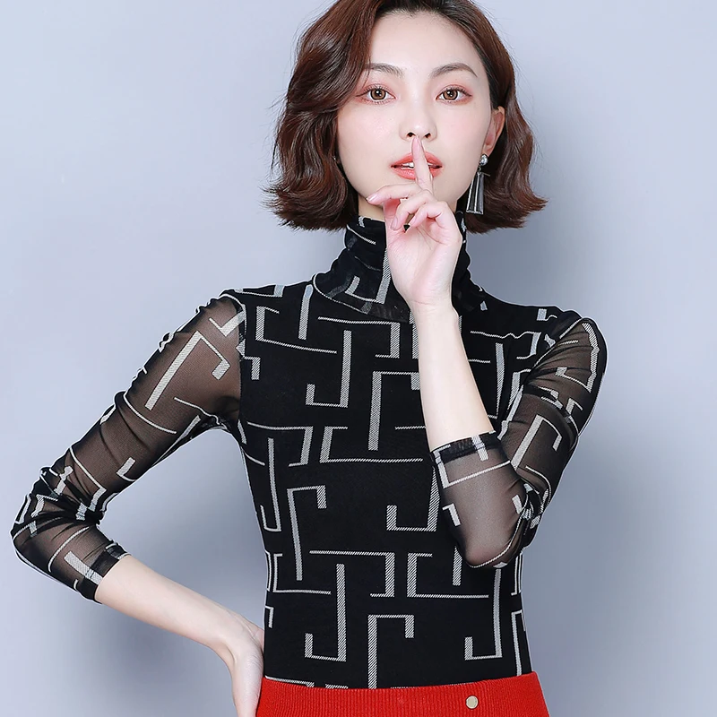 Осенняя водолазка с принтом блузка размера плюс женские рубашки длинным рукавом