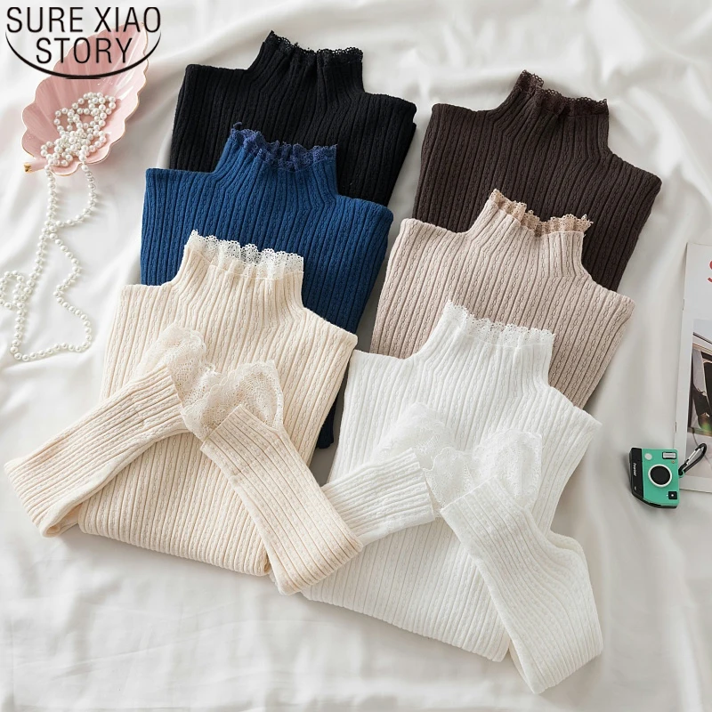 

Pullover Long Sleeve Casual Sweaters Autumn and Winter Knitted Sweaters Women Mock Collar Pullover Lace Stitching Jumper 17682