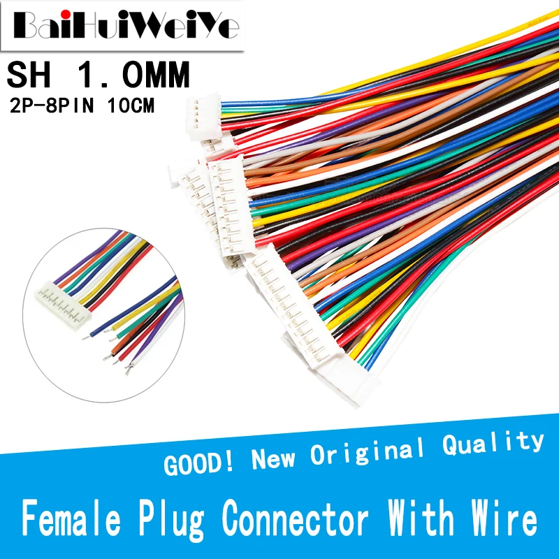 10PCS JST SH 1.0 MM Single Female Plug Connector With Wire Cables 100mm 2P 3P 4P 5P 6P 7P 8PIN 1.0MM SH 2.0 26AWG 10CM