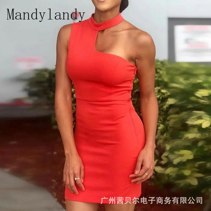 

Mandylandy Dress Summer Fashion O-Neck Halter Solid Color Backless Dress Women's Sexy High Waist One Shoulder Slim Dress