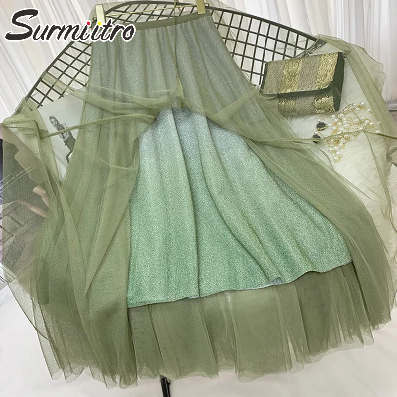 Женская длинная юбка из тюля SURMIITRO, чёрно-зелёного цвета градиента плиссированная макси-юбка с завышенной талией в корейском стиле для женщин осень зима