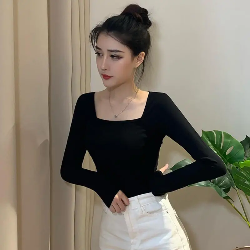 

Woman Tshirts Black Women's Low Collar Long R277 Sleeves T-shirt Top Tops Mujer Camisetas