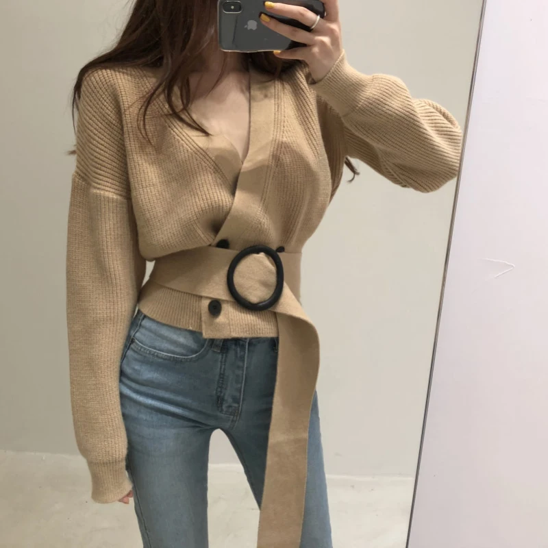 Осенне-зимний шикарный кардиган свитер 2019 корейский стиль Женский v-образный