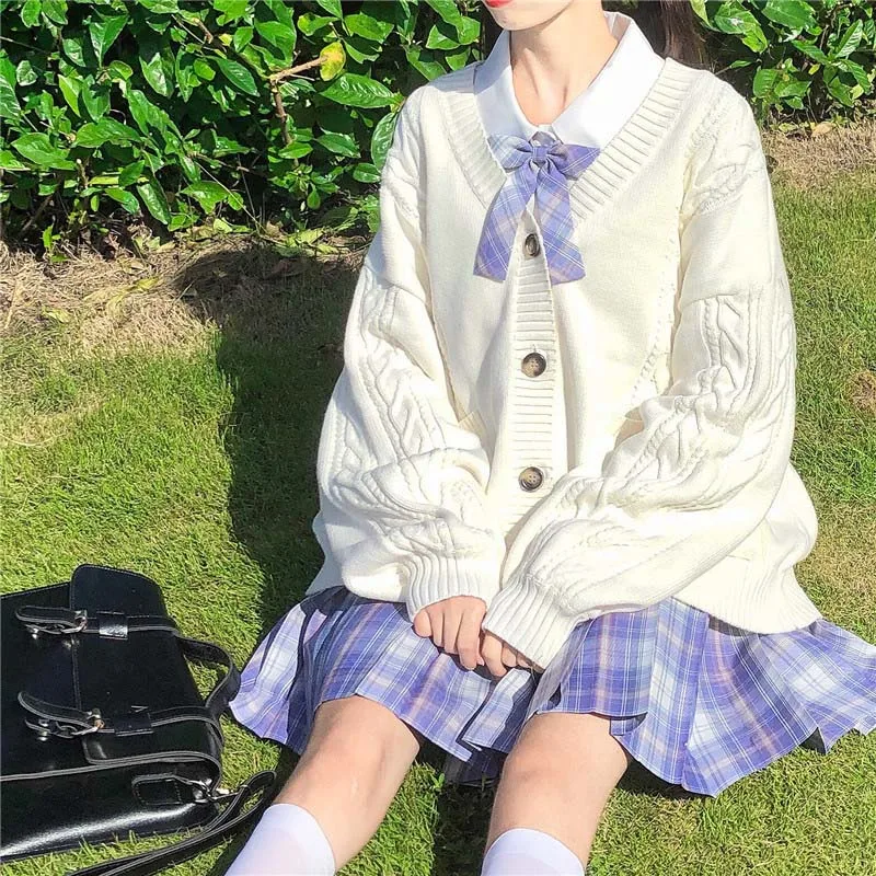 

Autumn Winter Japanese Mori Girl Knitted Sweater Outerwear V Neck White Yellow Cardigan Cute Kawaii Pockets Warm Sweet Sweater