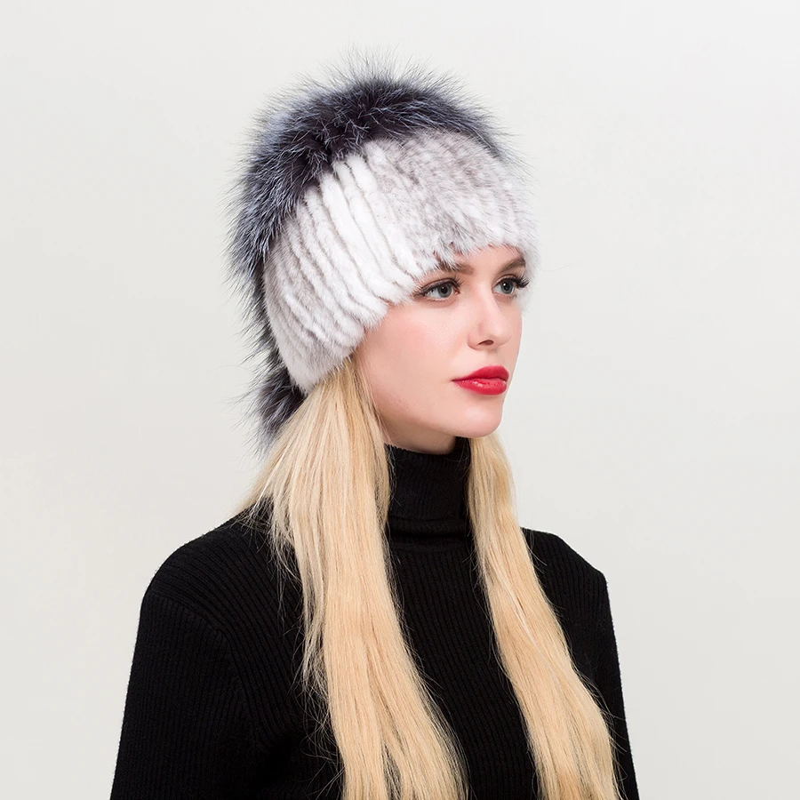 ZDFURS* горячая Распродажа модные зимние теплые женские вязаные шапки норковые шапки вертикальное плетение с лисьим мехом на верхней части - Цвет: 006