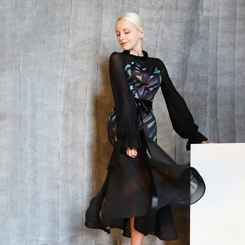 

2021 New Long-sleeved Modern Dance Costumes Women's Fish Bone Ballroom Dress National Standard Waltz Dancewear