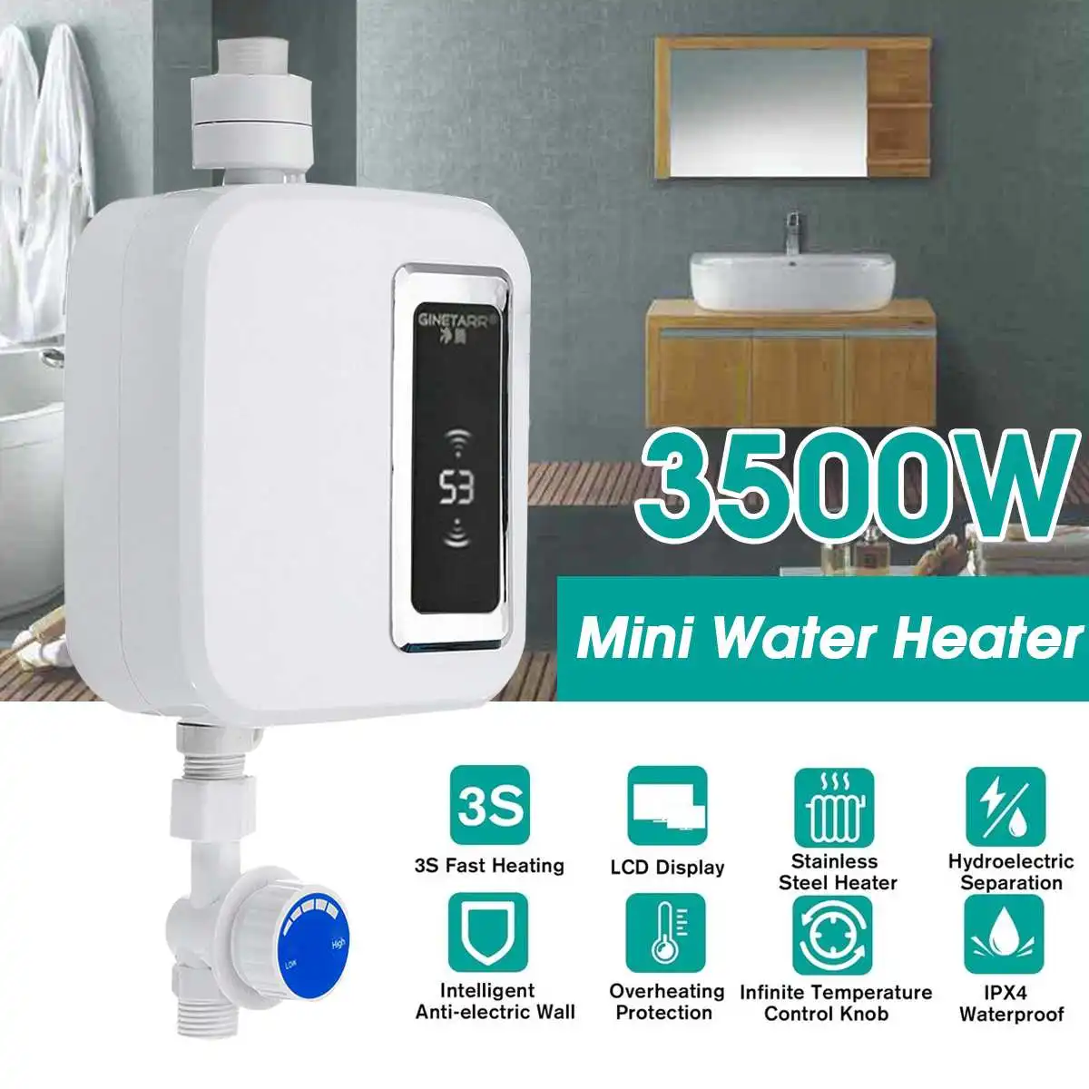 

3500W Electric Tankless Qick Instant Hot Water Heater Kitchen Faucet Tap Heating Stainless Steel Constant Temperature Automatic