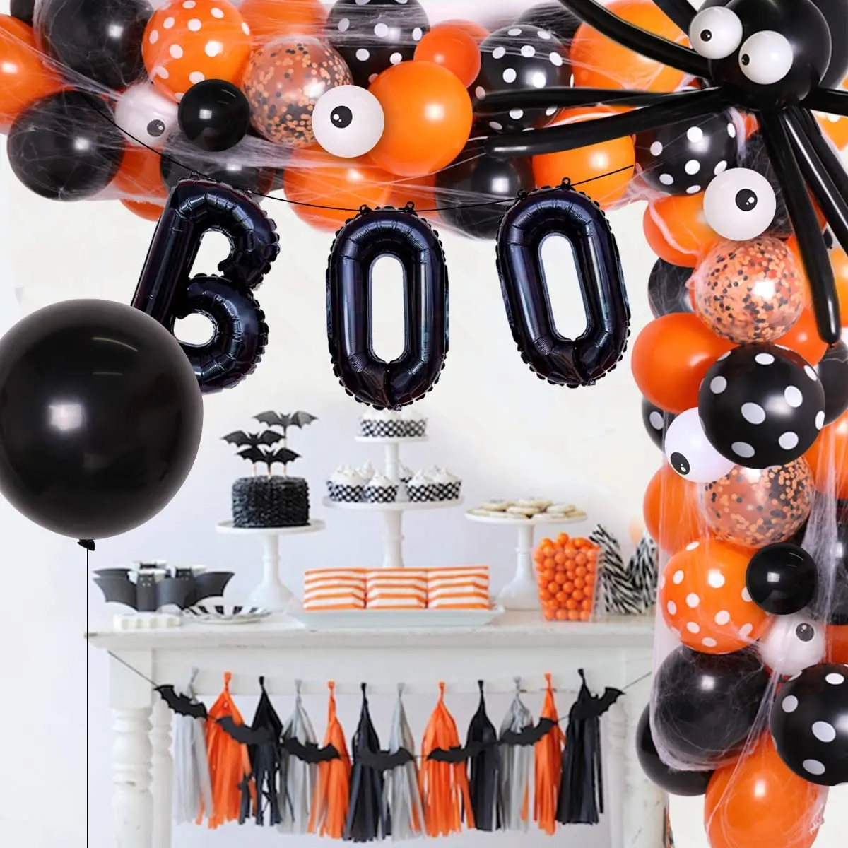 

Halloween Balloon Garland Arch Kit 117Pack Balloons Orange and Black Spider Web BOO Balloons for Halloween Backdrop Decorations