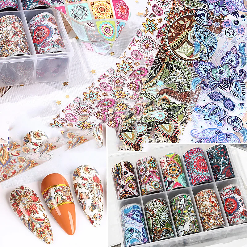 

10 Rolls Laser Nail Gel Varnish Sticker Decals Tips Holographic Water Wraps Foil Set DIY ManicureTransfer Stickers Set F729