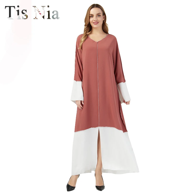 

Женское мусульманское платье макси Abaya, свободное платье Nidha с длинным рукавом контрастных цветов, Дубайский стиль, элегантный Халат