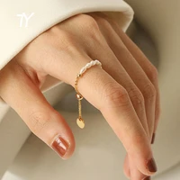 french simple retro pearl chain pull adjustment gold color rings girls new elegant accessories fashion finger jewelry for woman