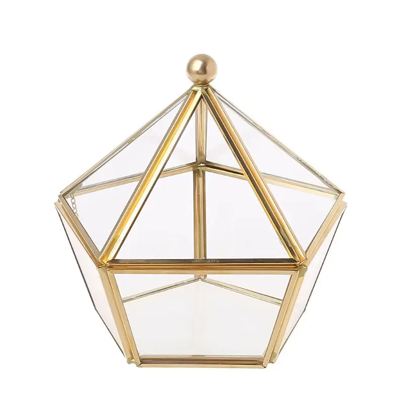 

New Vintage Decorative Jewelry Chest Geometric Terrarium Window Box Storage Display Case Pentagon Shape Clear Glass and Brass