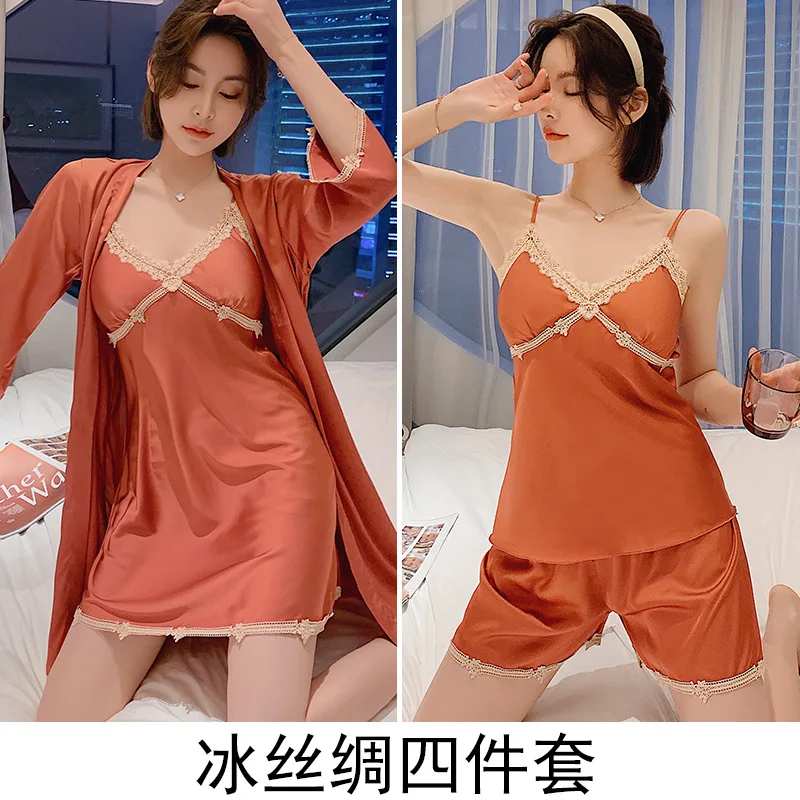 

Nightgown Women Satin Sleepwear Lady Pajamas 4PCS Sets Female Comfortable Femme Pyjama Pants Lounge Daily Casual Robe