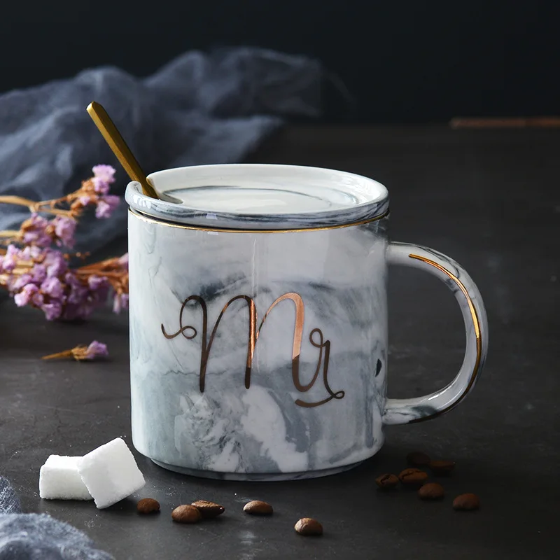 Cup lid spoon(Grey)2 Мраморная керамика в европейском стиле кружка с позолоченными краями офисная кружка чашка для молока подарочный набор кофе для пары красивая кружка - Цвет: Cup lid spoon(Grey)2