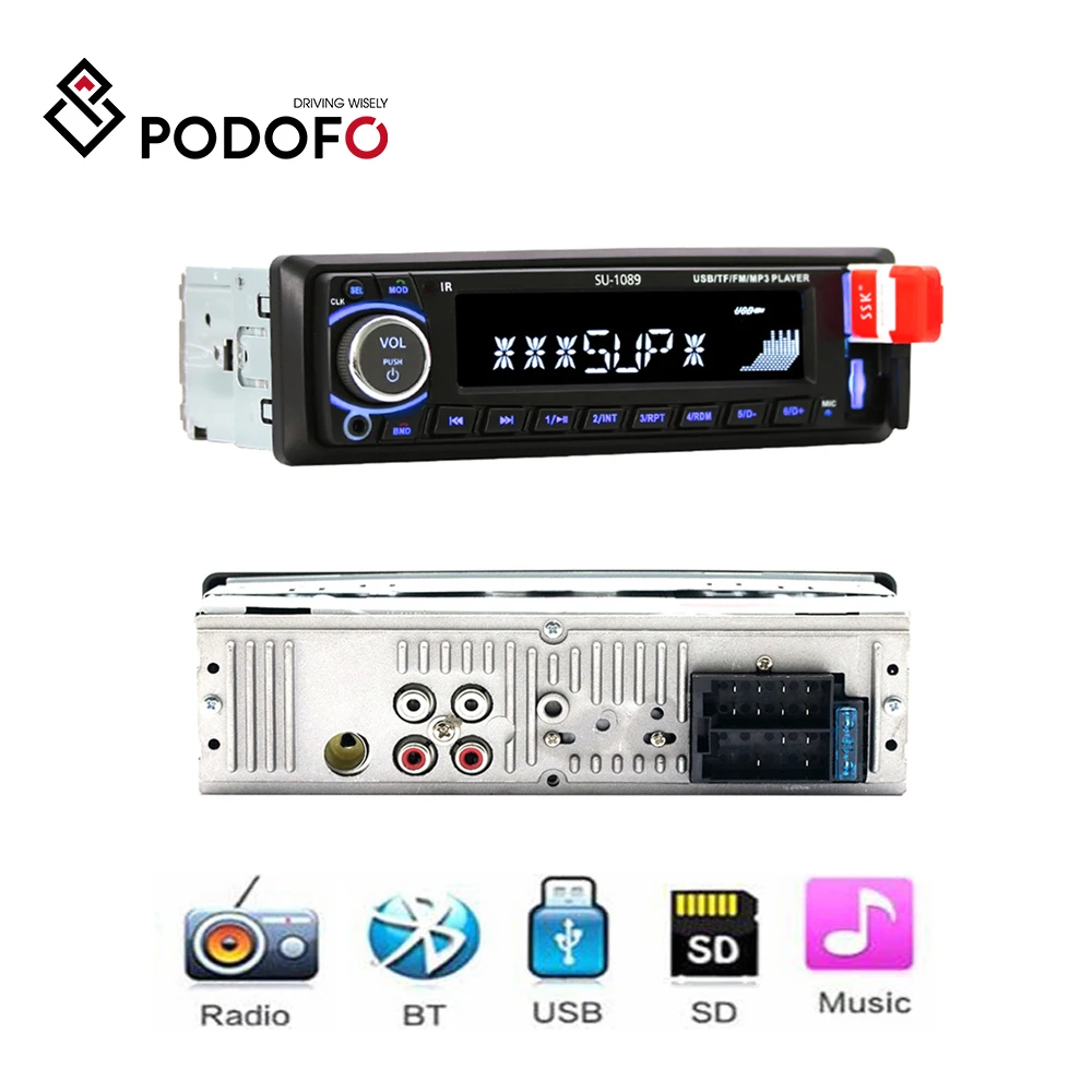 Podofo Bluetooth автомобильный стерео радио MP3 плеер Поддержка BT/FM/USB/SD Пульт дистанционного управления 12 В 1din Авторадио громкой связи Отображение времени вызова