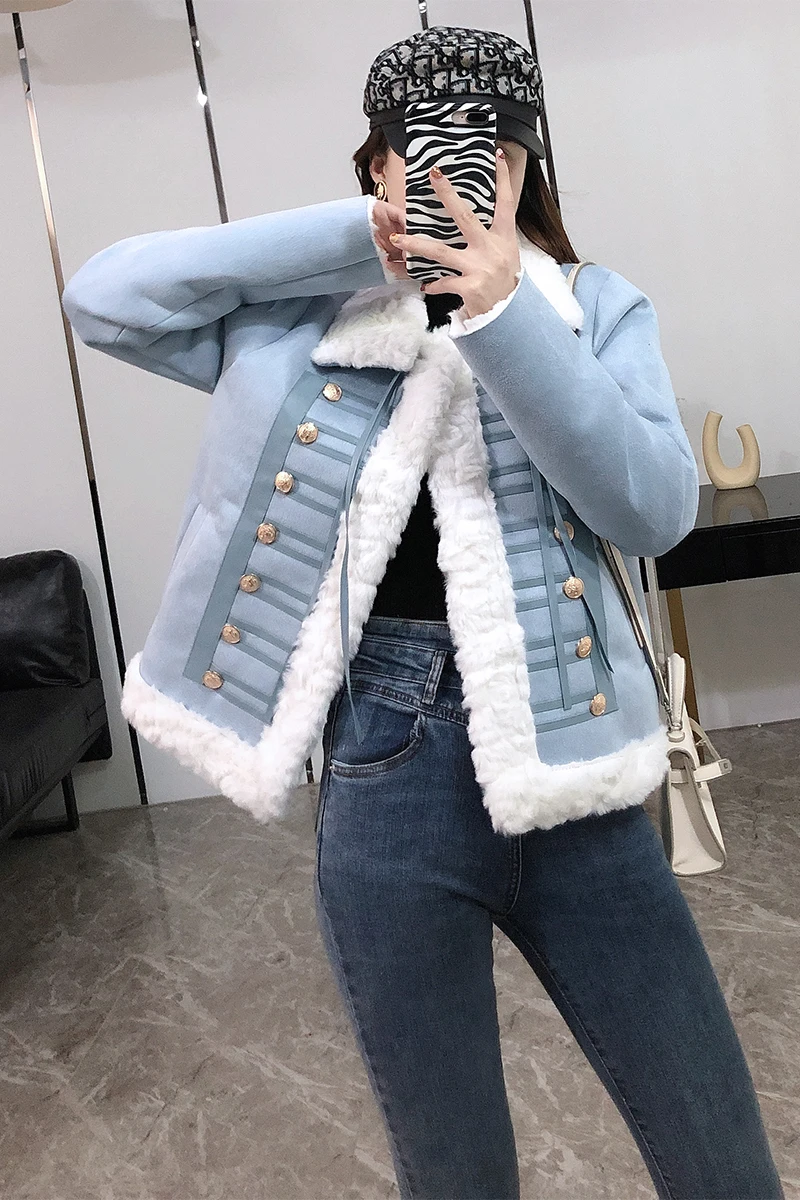 

Korean Suede Stitching Imitate Rex Rabbit Fur Padded Fleece Jacket Women's 2020 Winter New Jacket Coat