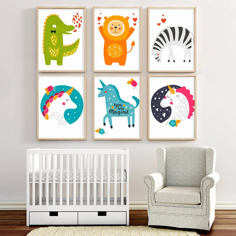 Мультяшные животные Лев Зебра Единорог холст стена искусство балерина печать