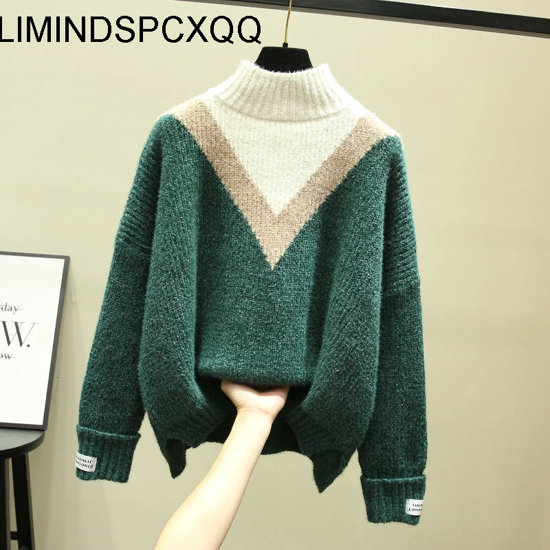 

Женские свитера 2022, пуловер с полувысоким воротником, вязаный прямой джемпер, корейская мода, толстая зимняя одежда из искусственной норки ...