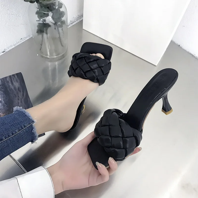 

Brand Gladiator Women Sandals Summer Weave Design Ladies Elegant Square Toe Thin High Heels Outdoor Beach Slippers Flip Flops