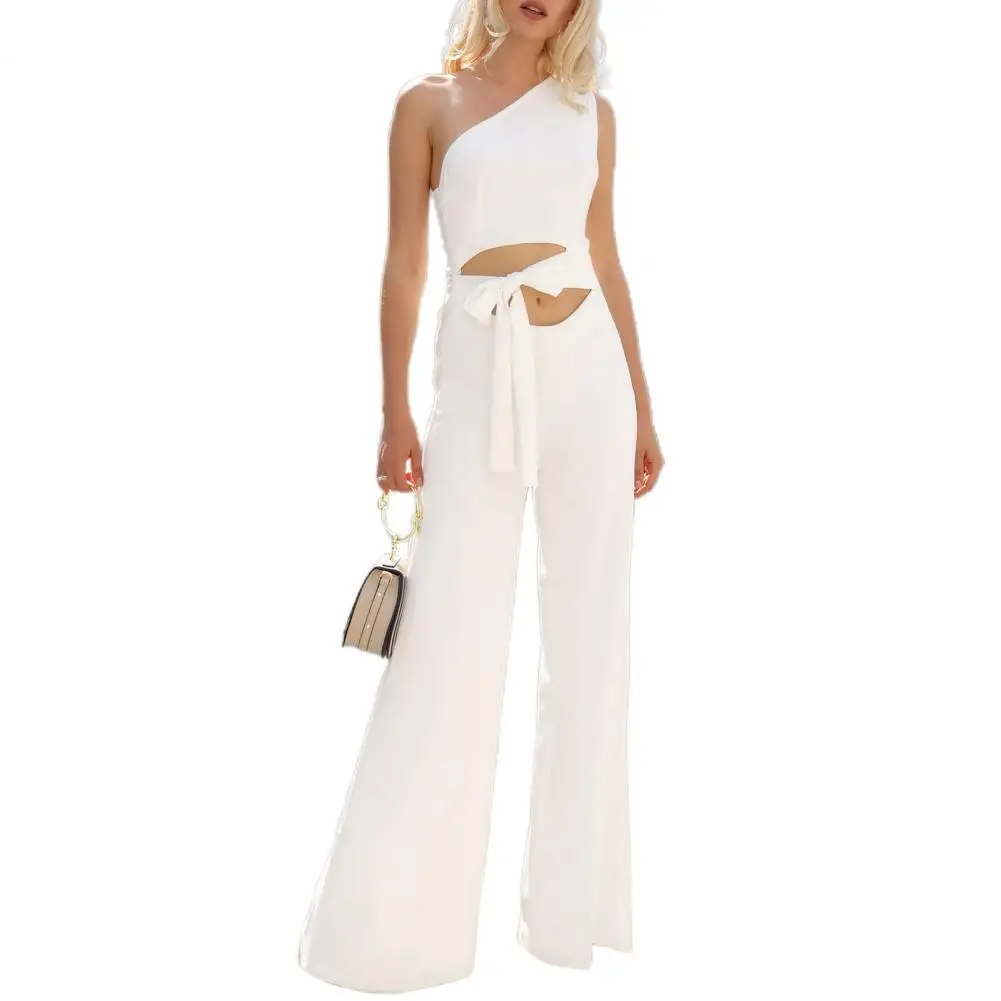 

Women Jumpsuit One Shoulder All-match Summer Wide Leg Sleeveless Jumpsuit Tie Waist Overalls for Office