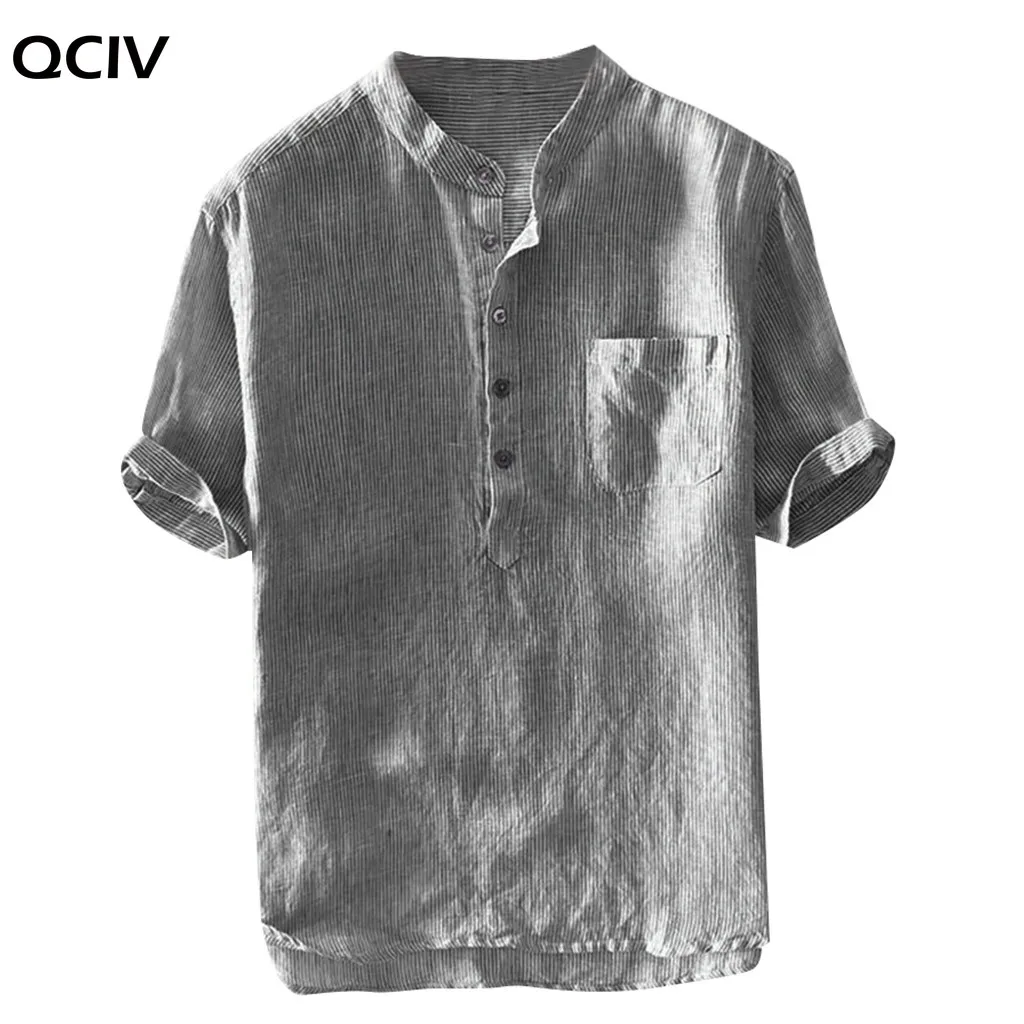 

Мужская приталенная рубашка из 2020 хлопка и льна, Полосатый пуловер с короткими рукавами и воротником-стойкой, брендовая одежда, лето 100%