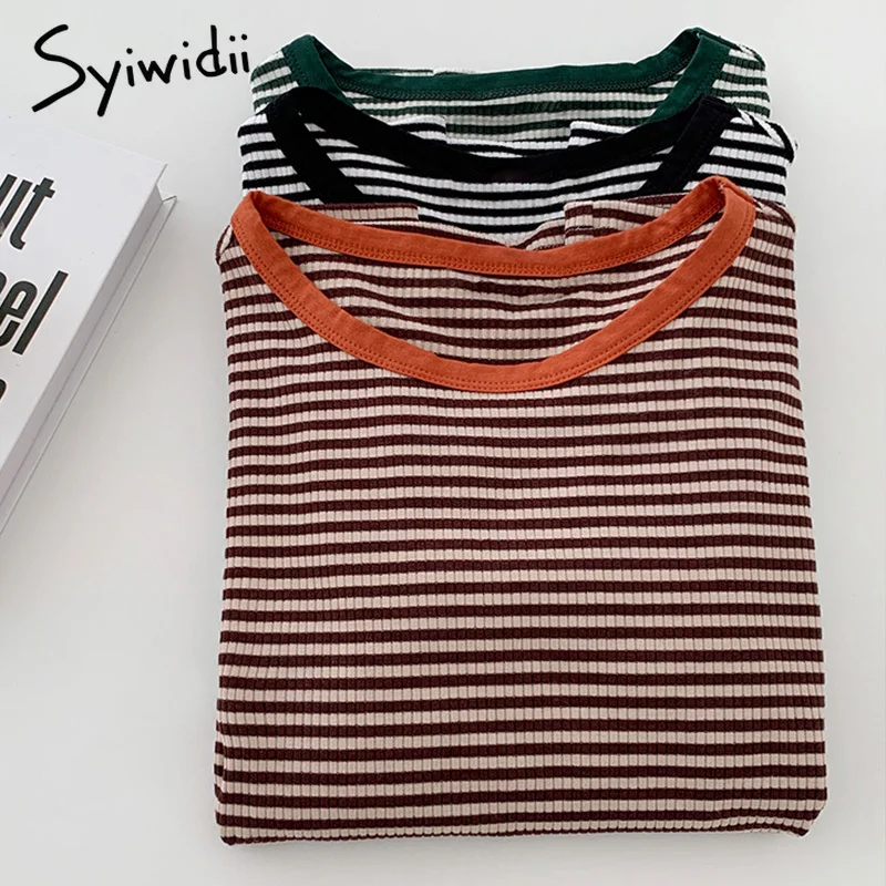 Syiwidii полосатая футболка для женщин с круглым вырезом и коротким рукавом