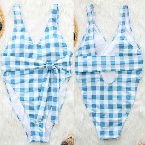 

Summer Women Blue Grid Plaid one piece Bikini Swimwear Bathing Suit Summer Beach Swimsuit Swimming Suit Free shipping