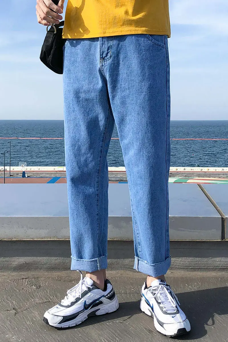 

2020 Spring And Autumn New Youth Popular Men's Loose Large Size Solid Color Jeans Fashion Casual Straight Pants Blue/White