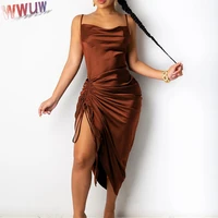 ruched satin summer dress drawstring spaghetti strap cowl neck backless long dresses for women clothes party sexy dress vestidos