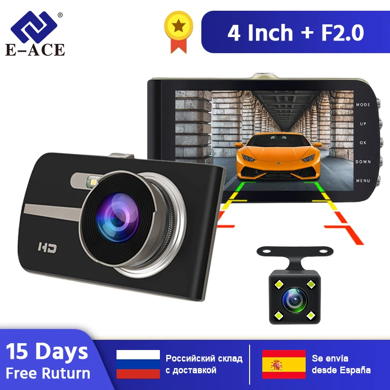 E ACE Автомобильный видеорегистратор FHD 1080P Dashcam 4 дюйма с двумя объективами ночного