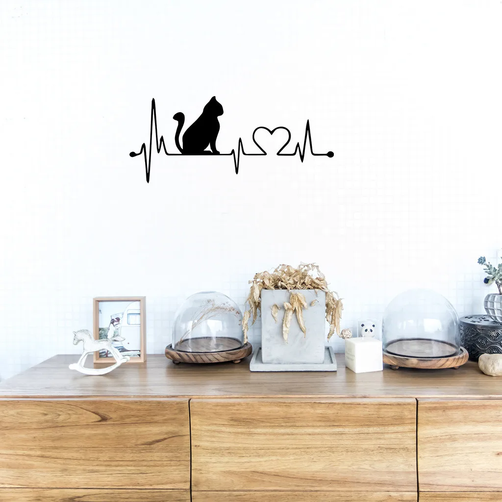 Черная резная Настенная Наклейка с изображением кошки и сердцебиения домашний