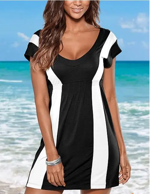 Женское двухцветное платье в Вертикальную Полоску Летнее мини-платье с высокой