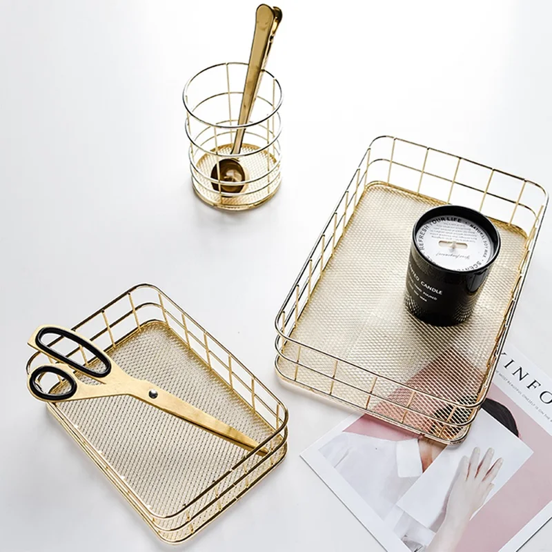 

Rose Gold Iron Art Nordic Makeup Organizer Basket Eyeliner Brush Set Storage Cup Dressing Table Makeup Cosmetic Organizer Box