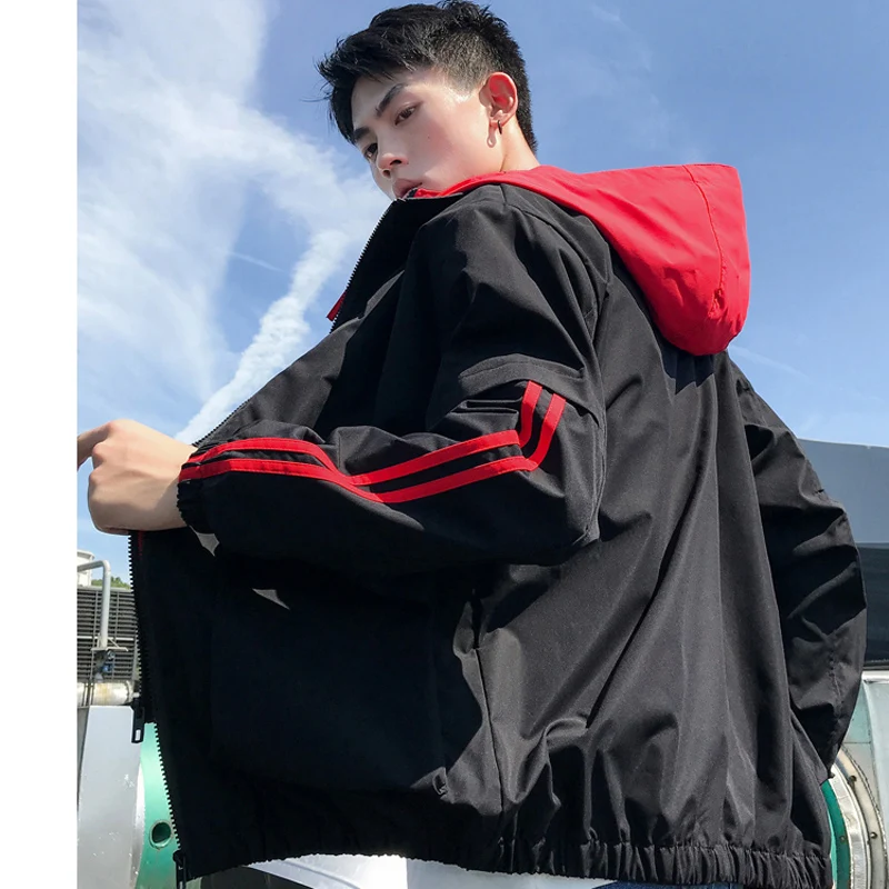 Мужская куртка 2019 Повседневная полосатая с имитацией двух частей капюшоном на