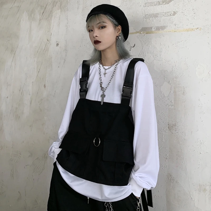 Harajuku стиль жилет Мужская Женская безрукавка уличная Регулируемая мода талии пальто карманы, набедренный хоп тактические куртки черный