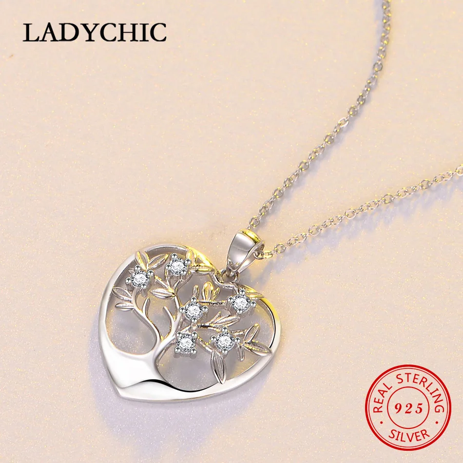 LADYCHIC, романтическое 925 пробы, серебряное дерево жизни, любовь, сердце, подвеска, ожерелья для женщин, хорошее ювелирное изделие, подарок на день Святого Валентина, LNS1048