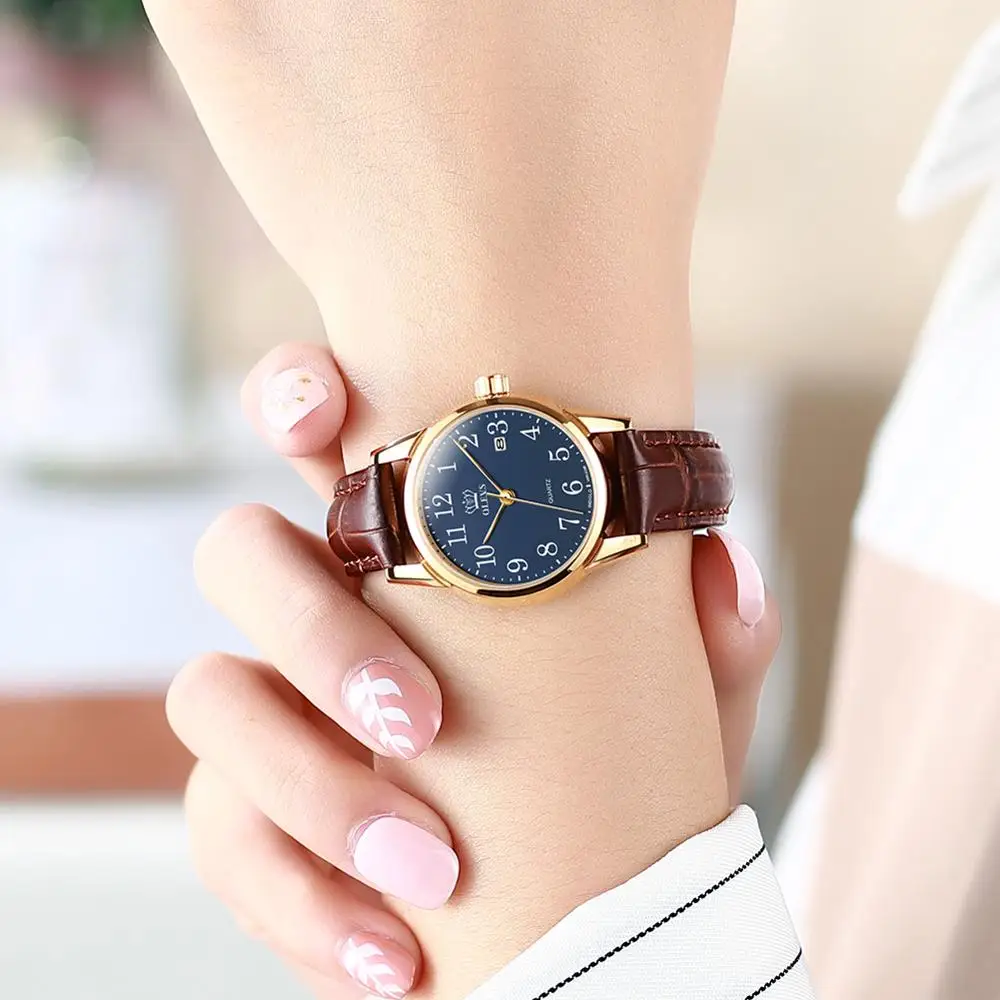 OLEVS часы для пар из натуральной кожи водонепроницаемые с цифровым циферблатом и