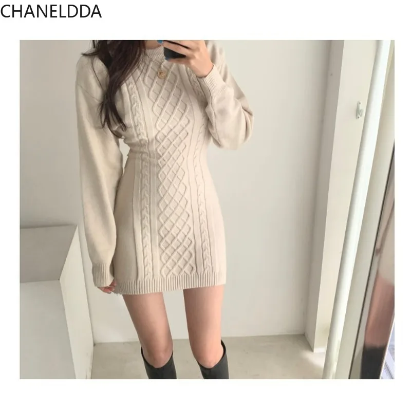 

CA Runway Hollow Waist Sweater Dress Women Fall Winter High Elastic Twist Knit Dress Casual Mini Dress 3 Color Pullover Vestidos