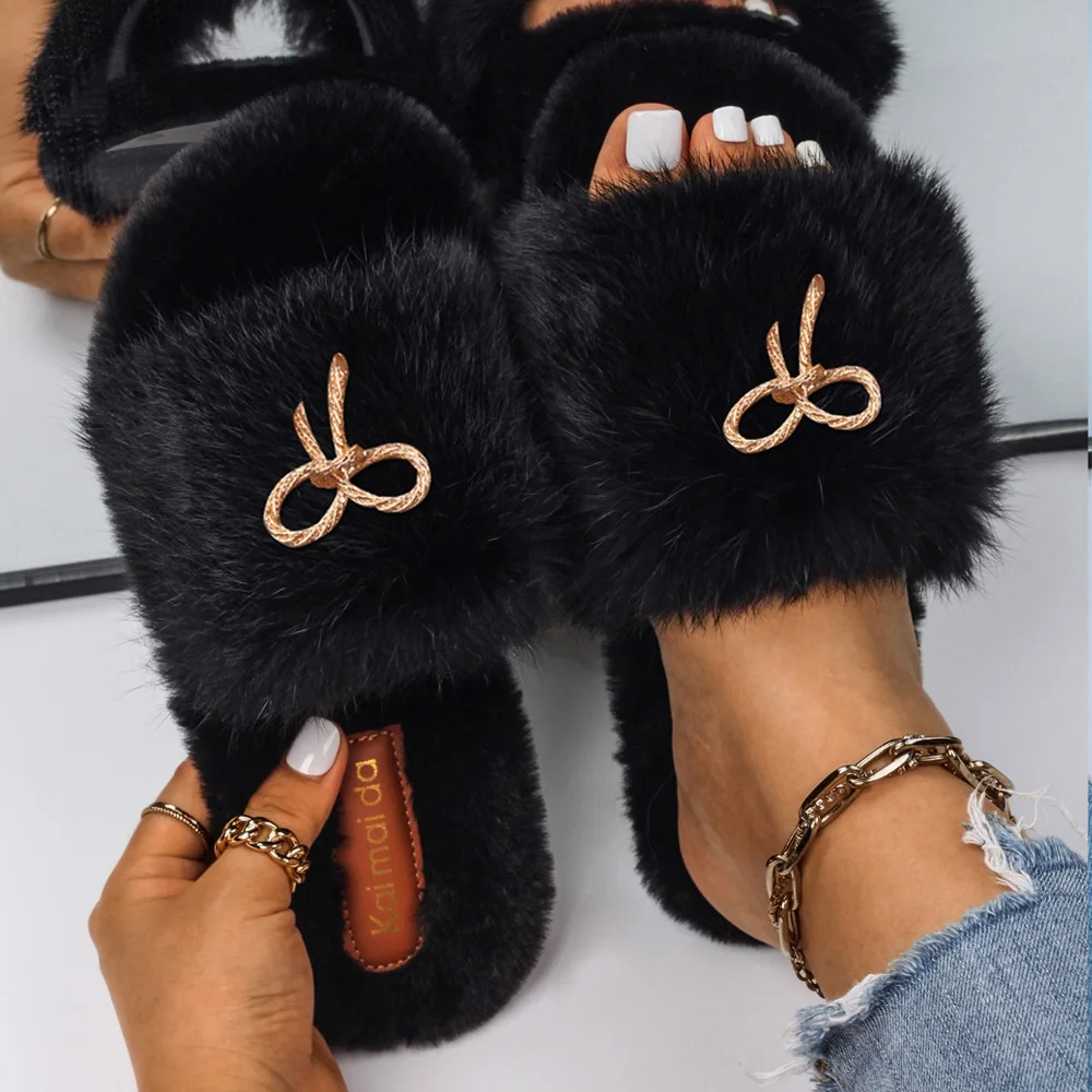 Fluffy Slippers Female Rope Bow Decor Faux Fur Slides Flip Flops Designer Fluffy Sandals Indoor Slippers Luxury Winter Shoes
