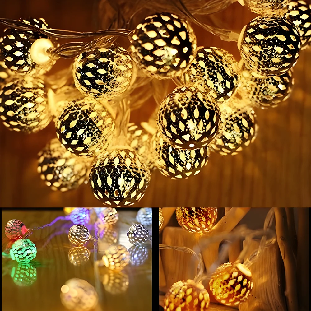 

Светодиодная гирлянда с круглыми лампочками, декоративный марокканский ОРБ с серебряными металлическими шариками, питание от USB, украшение...