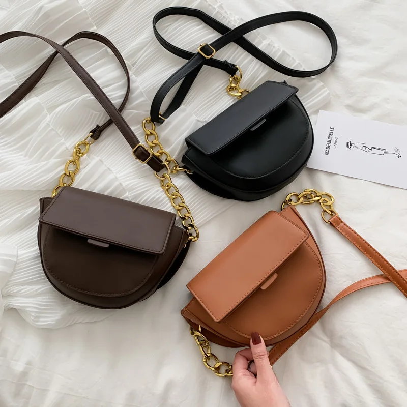 

European Style Saddle Bag New Thick Chain Women's Messenger Bag Simple Solid Color PU Shoulder Bag Fashion Female's Waist Bag