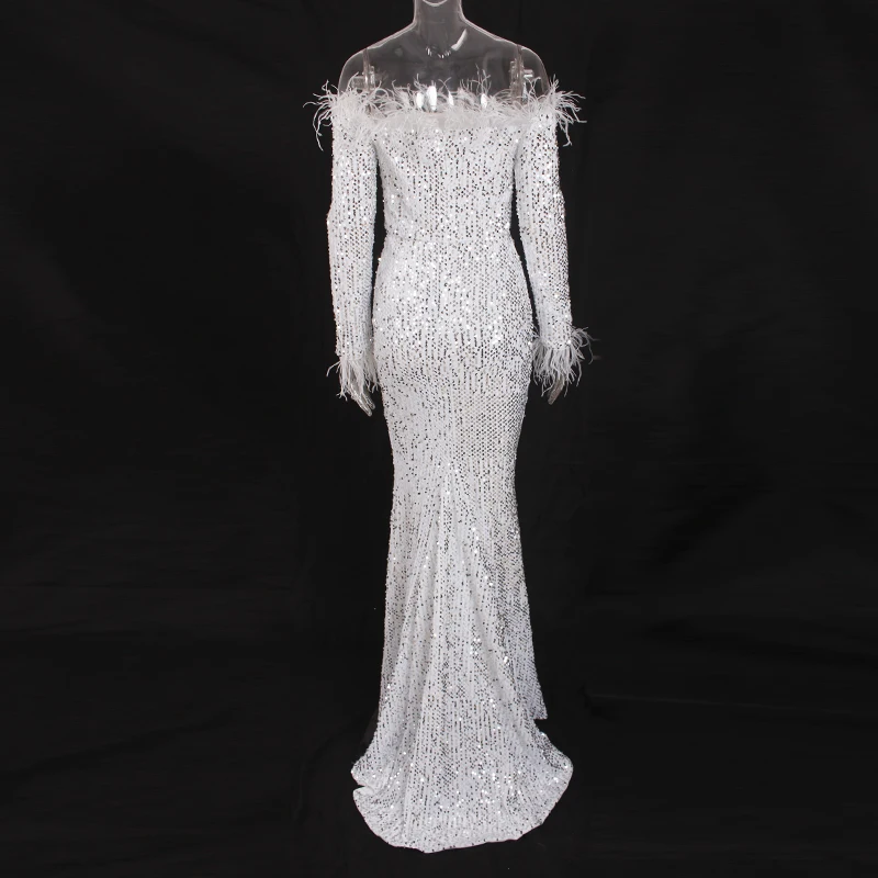 Шикарное блестящее белое вечернее платье с блестками и перьями Вельветовое