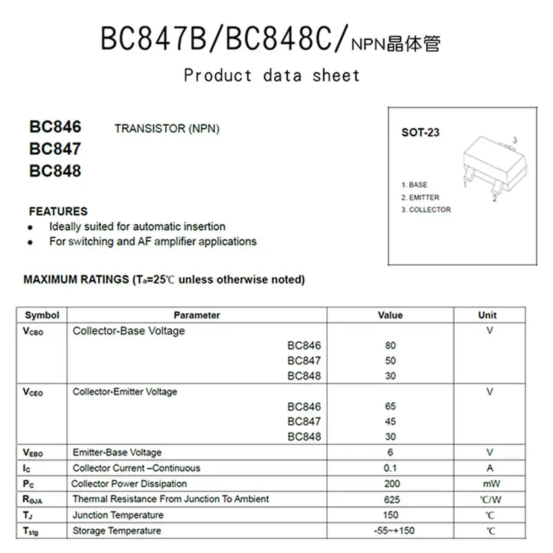 SMD NPN Power транзисторный Триод BC807-40 6C BC807-25 5B BC846B 1B BC847A 1E BC847C 1G BC857C 3G BC857A 3E SOT-23 IC 50 шт. |
