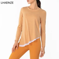 lhaeinze dyed nude yoga wear t shirt long sleeve plus size top womens sports running loose round neck fitness camiseta femenina