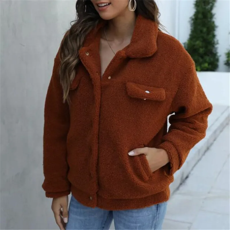 

Women Coat Fleece Warm Coats Lapel Solid Color Buttons Fuzzy Shaggy Jacket Outerwear Single Breasted Decoration Soft Warm Coats